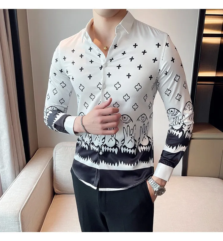 Men's Retro England Style Print Pattern Single Breasted Long Sleeve Shirt