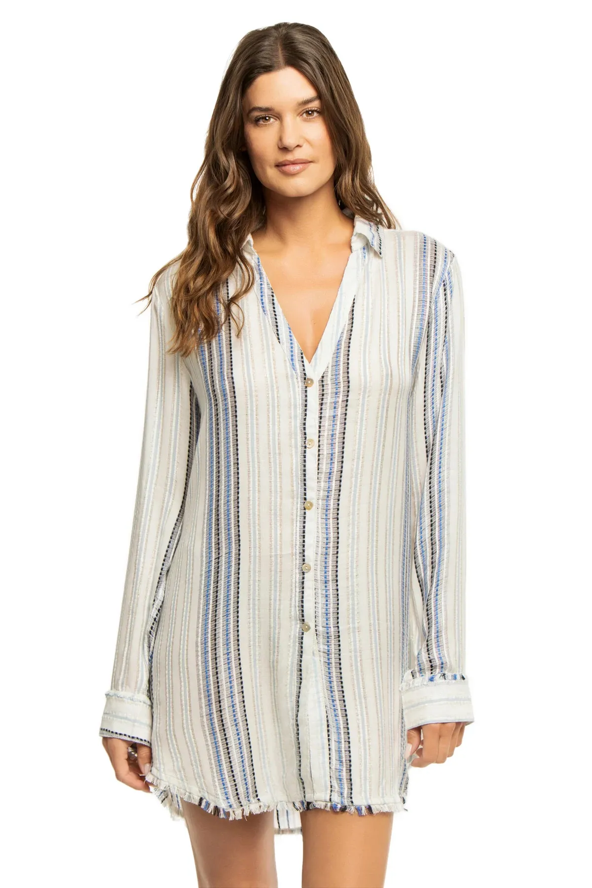 Metallic Stripe Button Down Shirt Dress