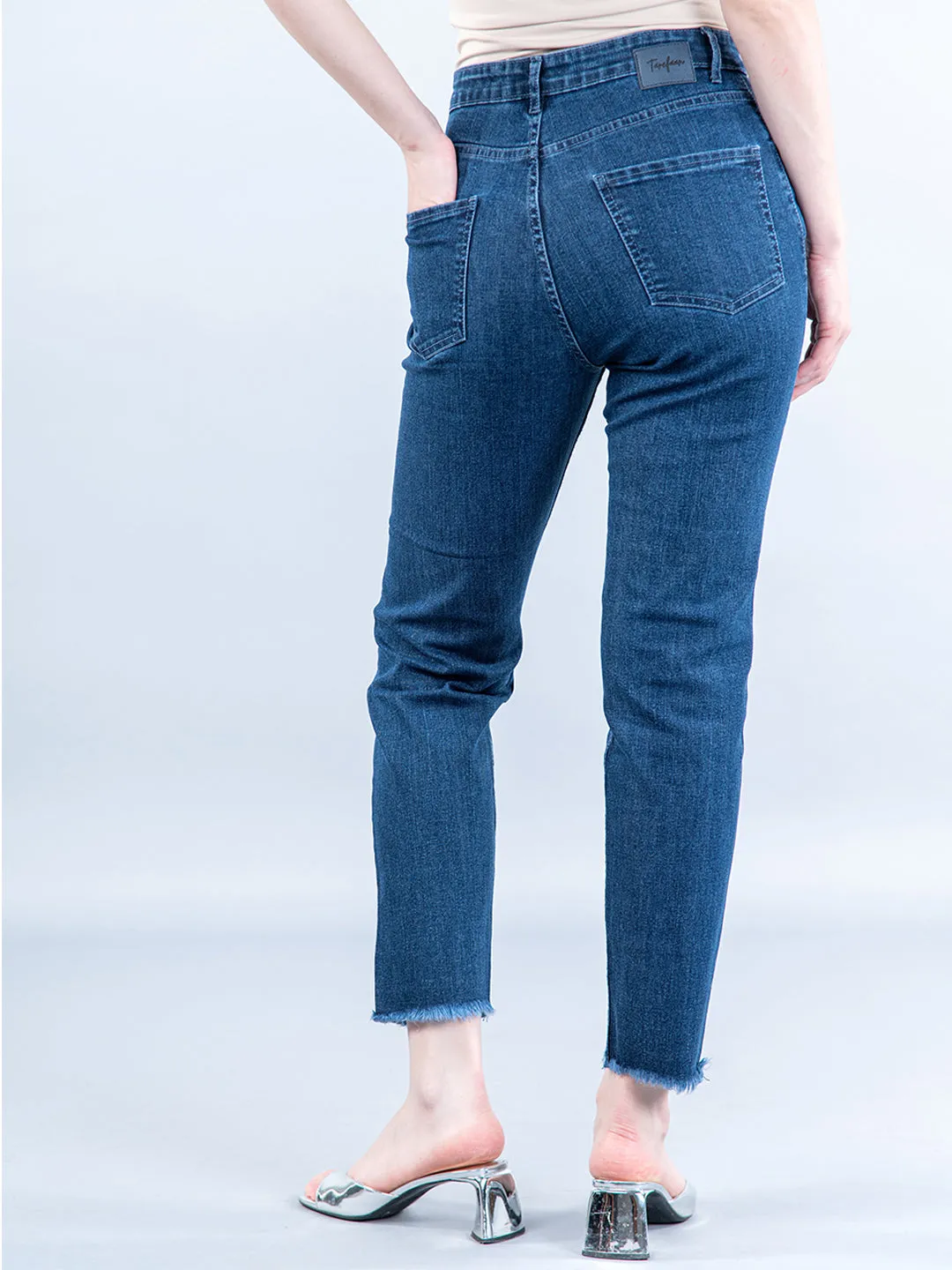 Mid Blue Thigh Cut Jeans For Women