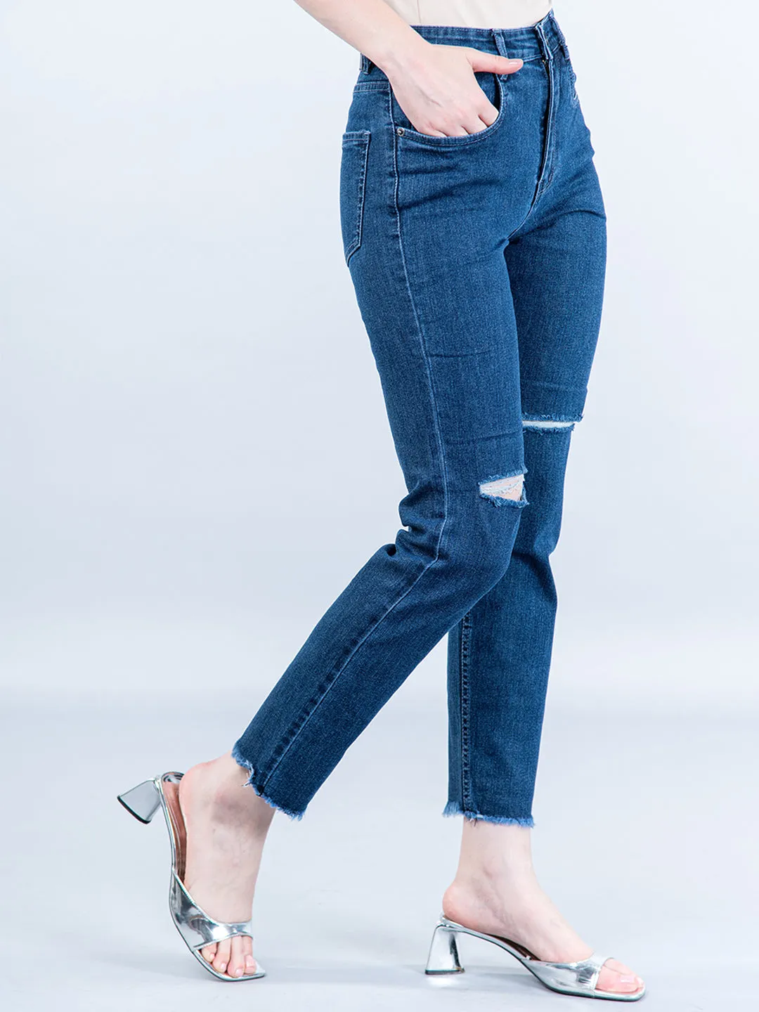 Mid Blue Thigh Cut Jeans For Women