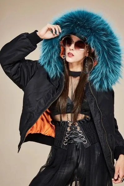 Nylon bomber jacket for women with thick fur hood