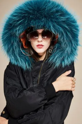 Nylon bomber jacket for women with thick fur hood