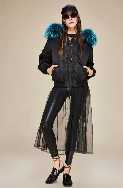 Nylon bomber jacket for women with thick fur hood