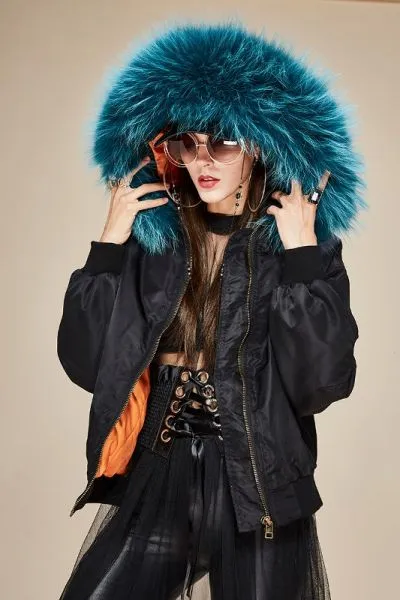 Nylon bomber jacket for women with thick fur hood