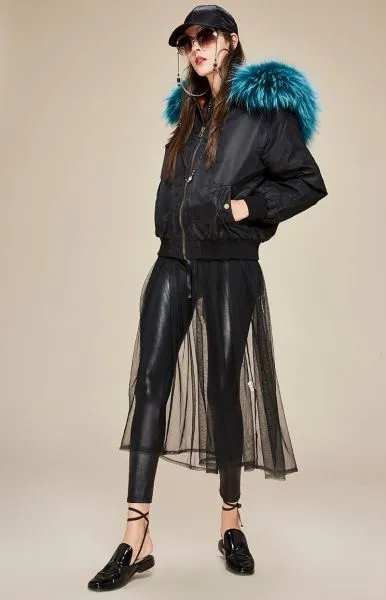 Nylon bomber jacket for women with thick fur hood