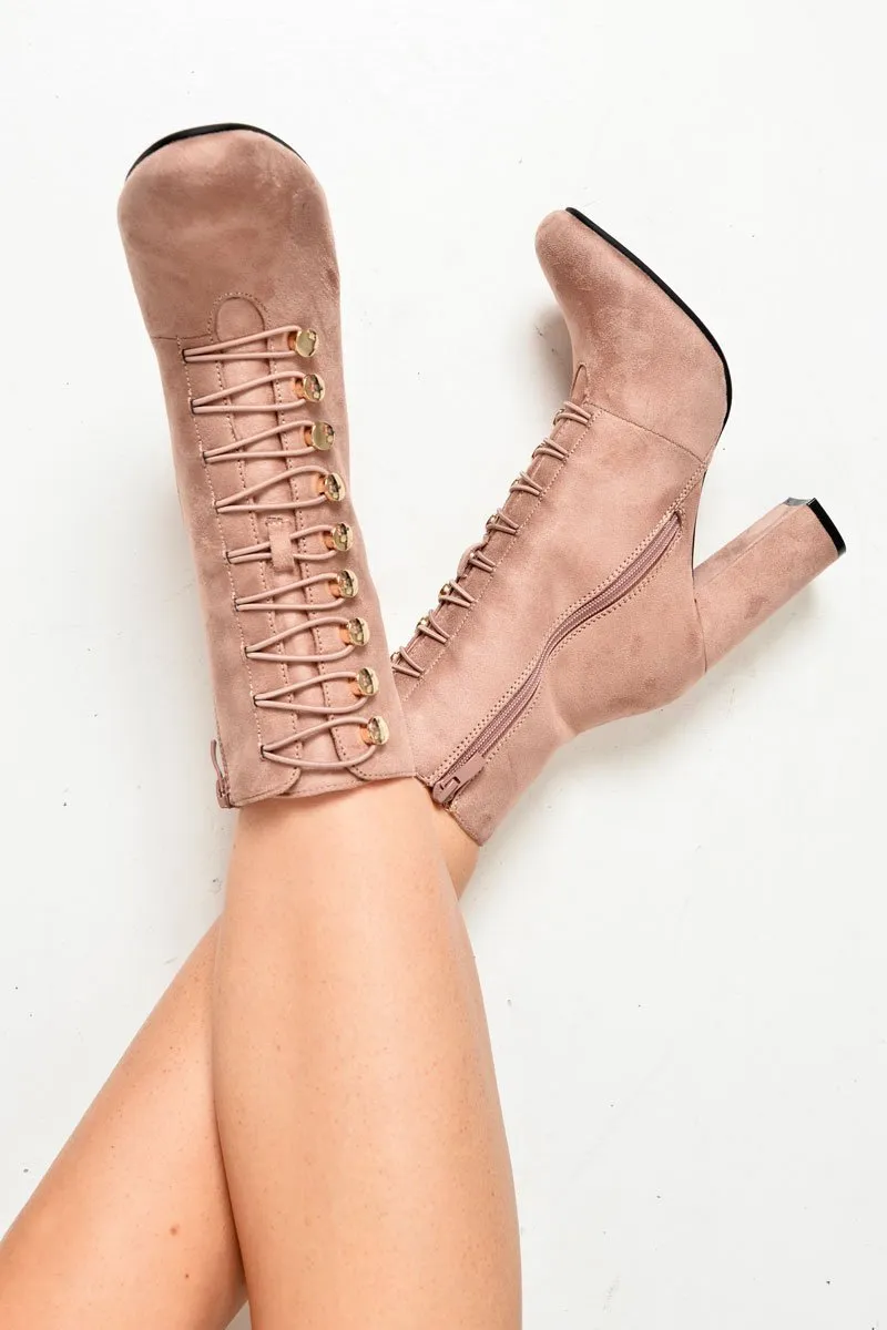 Pink Faux Suede Button Detail Ankle Boots - Hadlyn