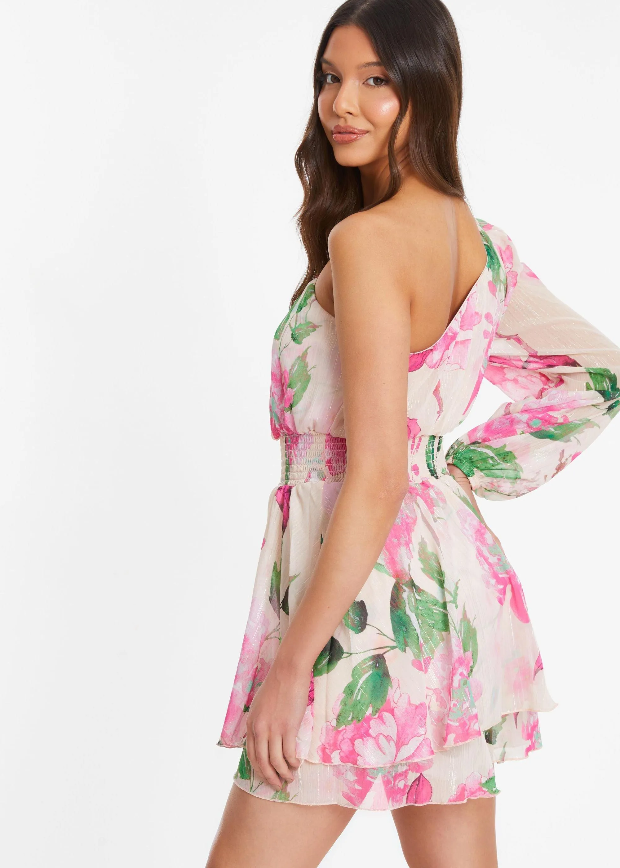 Playsuits | Floral One Shoulder Chiffon Playsuit | Quiz