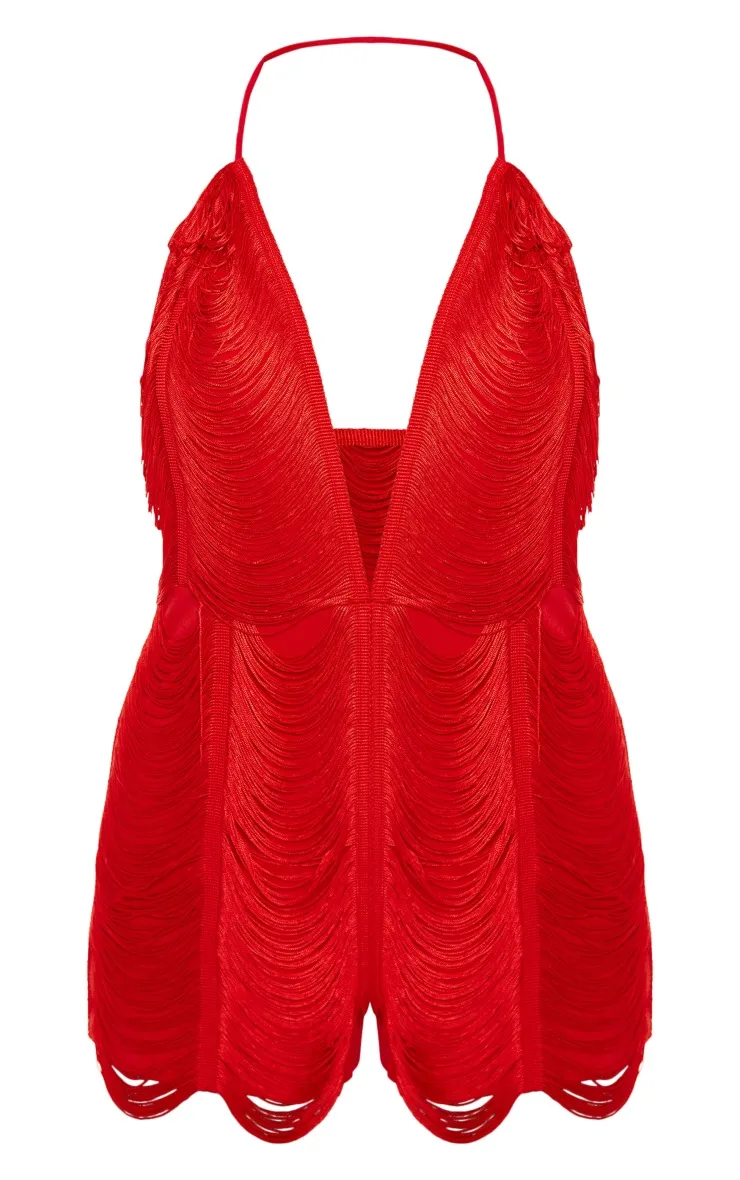 Red Multi Tassel Backless Playsuit