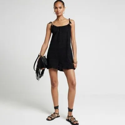 River Island Womens Black Crochet Frill Playsuit