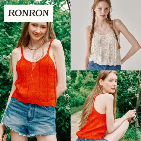 RONRON  |Rib Blended Fabrics Street Style U-Neck Plain Logo