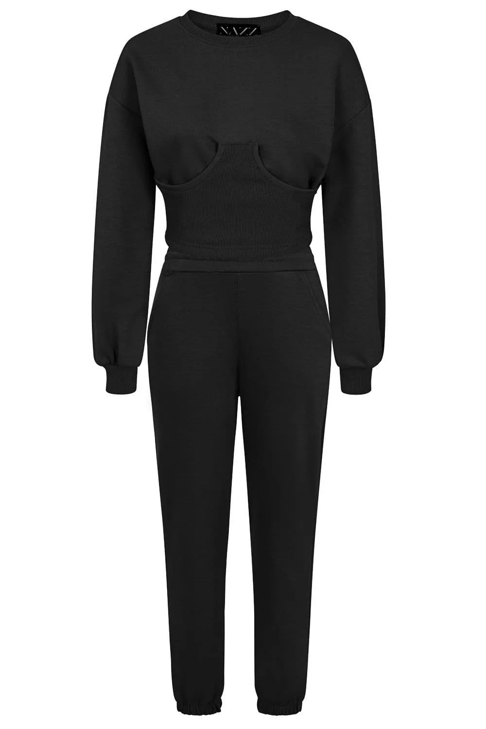 Sasha Black Under Bra Waisted Sweatshirt Tracksuit Set