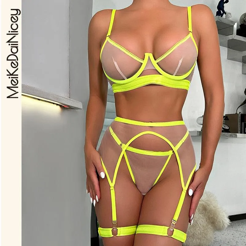 Sensual Sexy Lingerie Transparent Bra Panty Set 3-Pieces