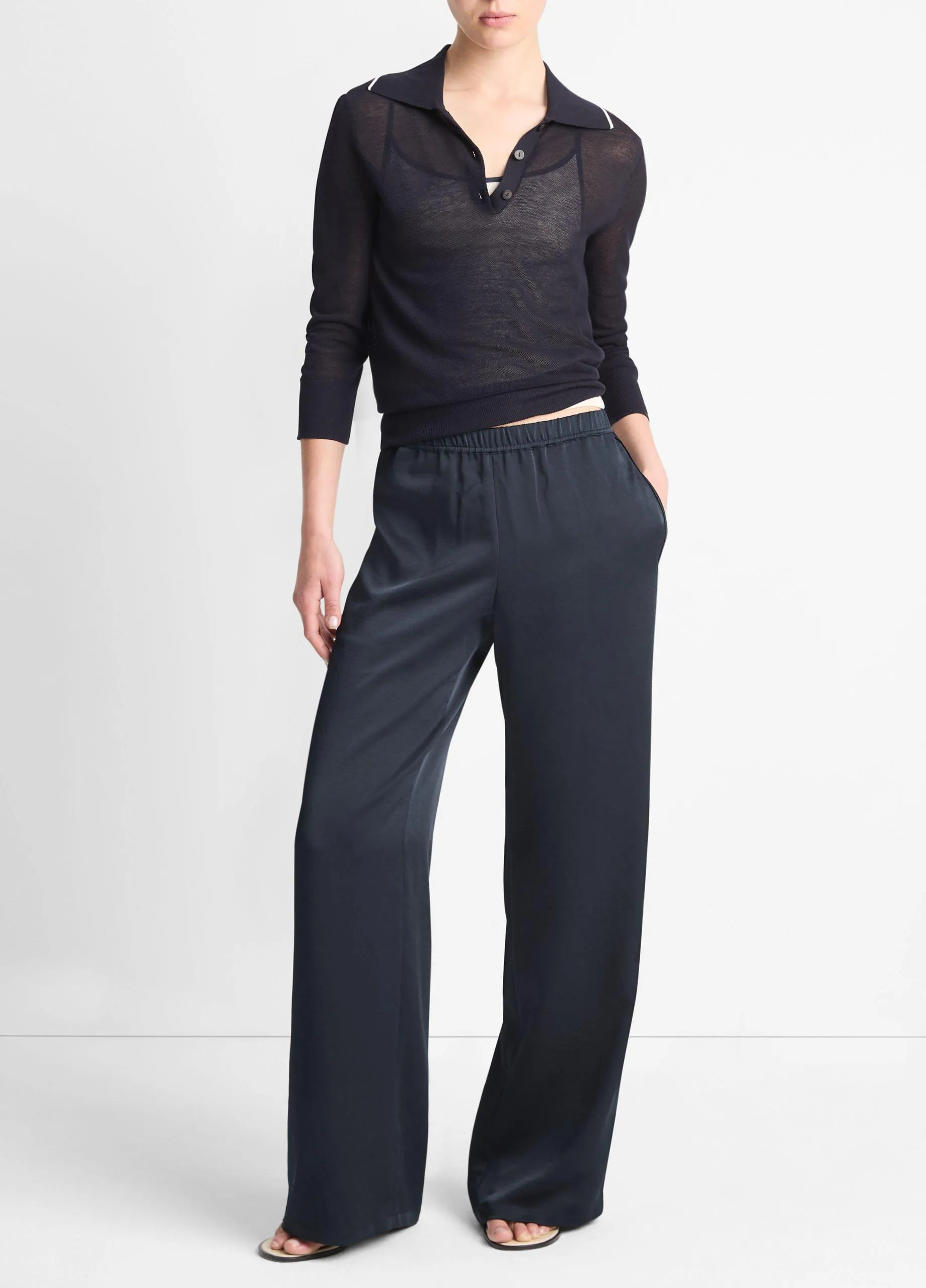 Side-Stripe Satin Low-Rise Wide-Leg Pant