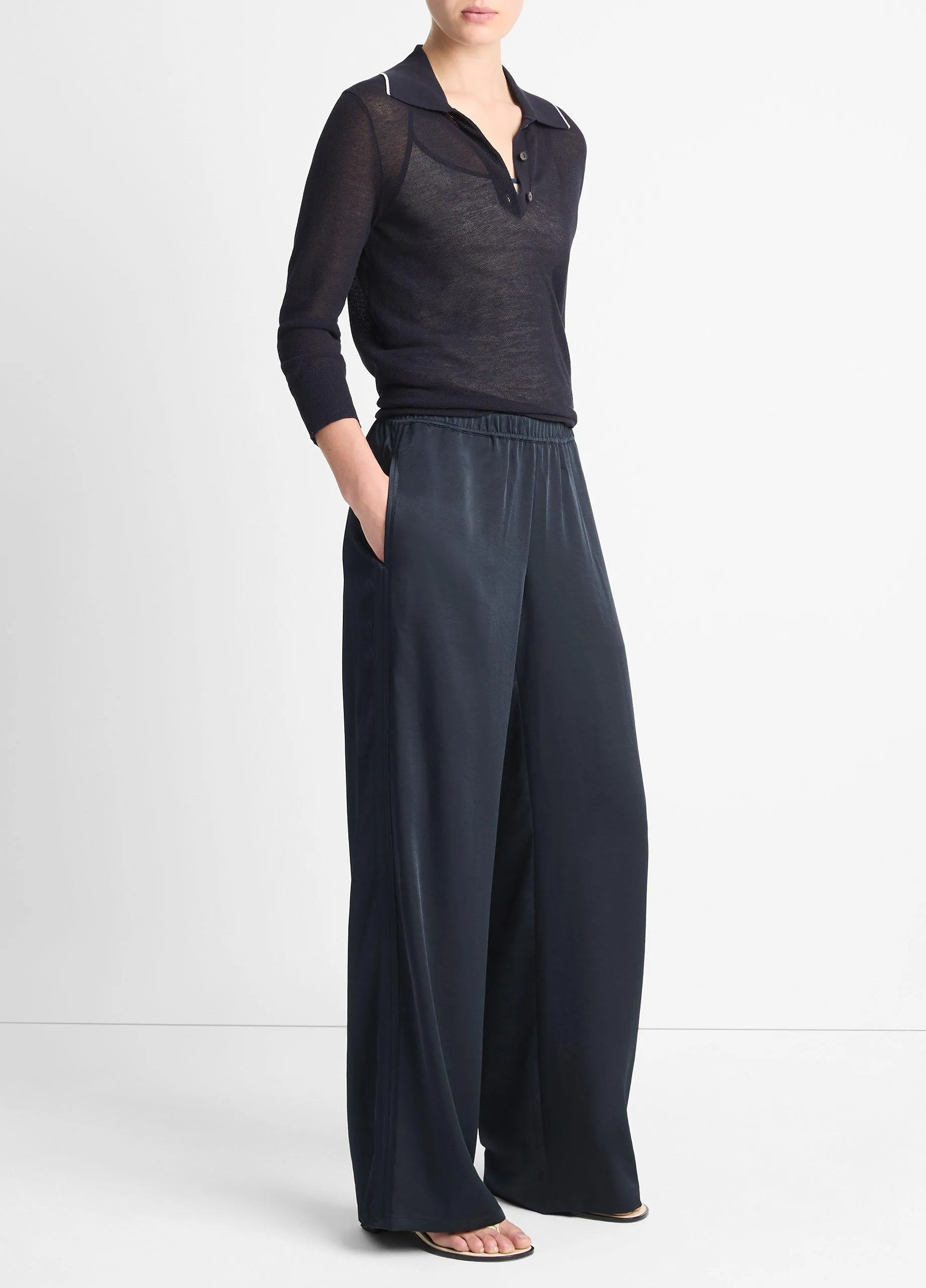 Side-Stripe Satin Low-Rise Wide-Leg Pant