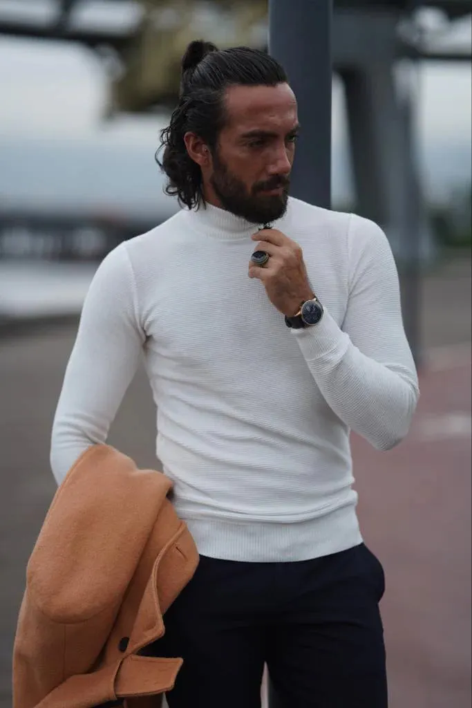 Stefano Slim Fit Custom Design Half Turtleneck White Sweater