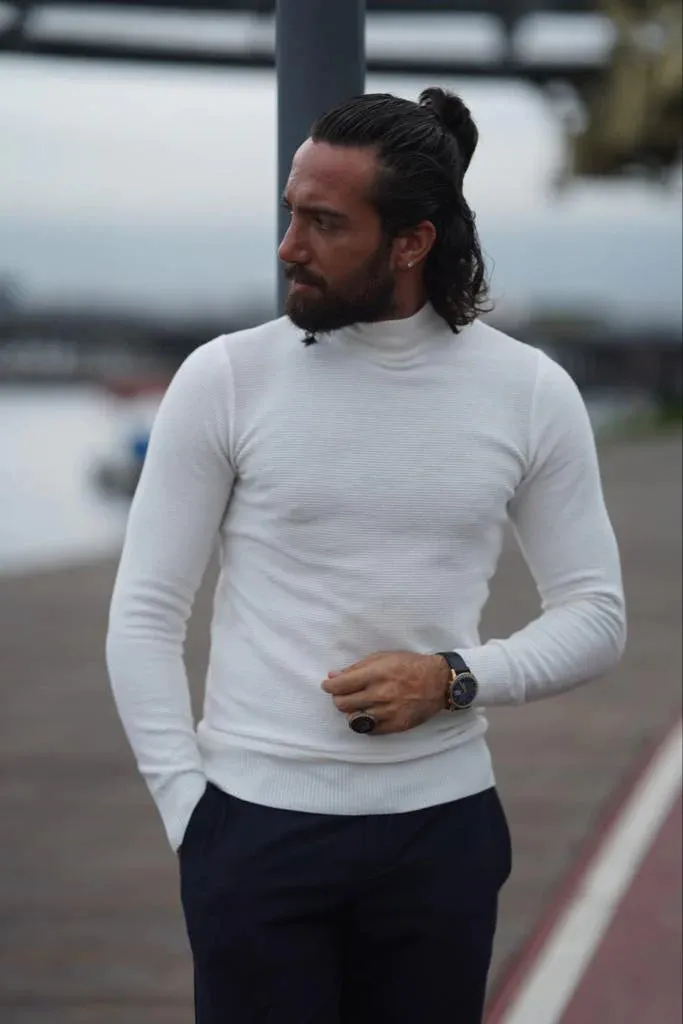 Stefano Slim Fit Custom Design Half Turtleneck White Sweater