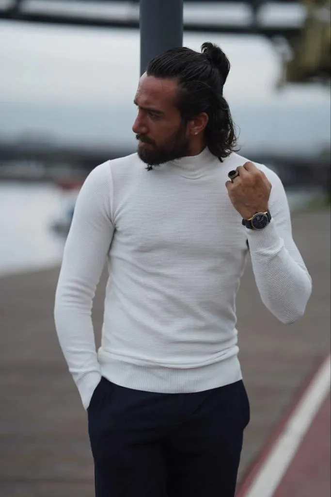 Stefano Slim Fit Custom Design Half Turtleneck White Sweater