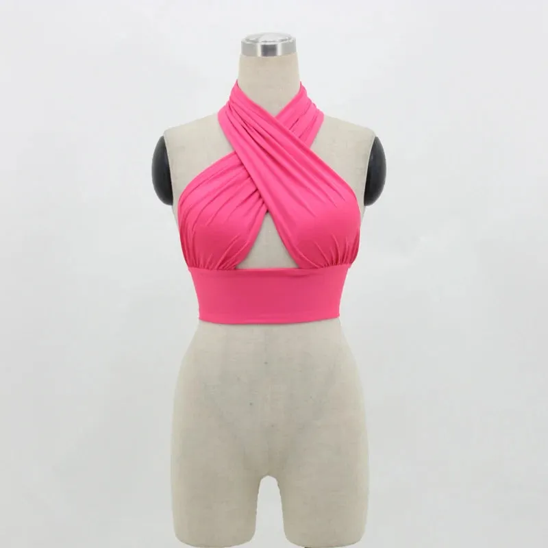 Summer Women Halter Strappy Cross Over Front Cut Out Halter Neck Sleeveless Backless Crop Top