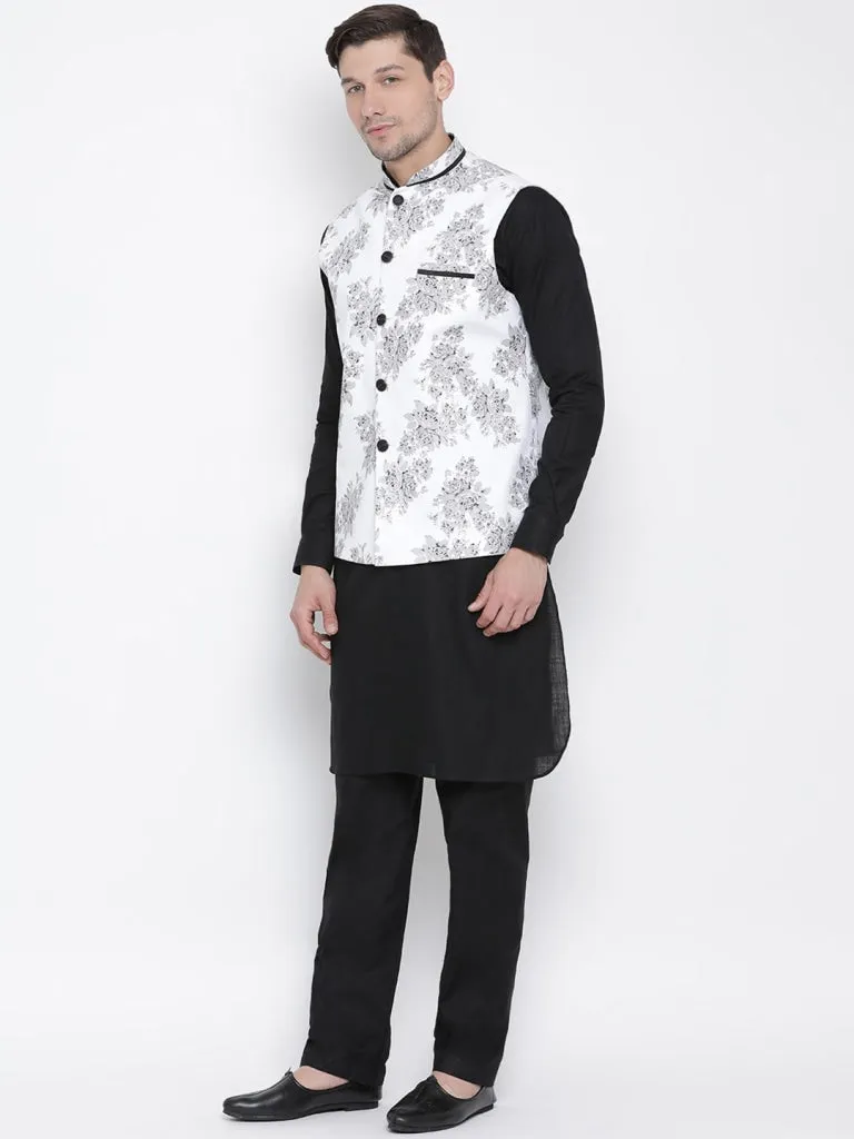 VASTRAMAY Men's Black Cotton Blend Kurta, Ethnic Jacket and Pyjama Set