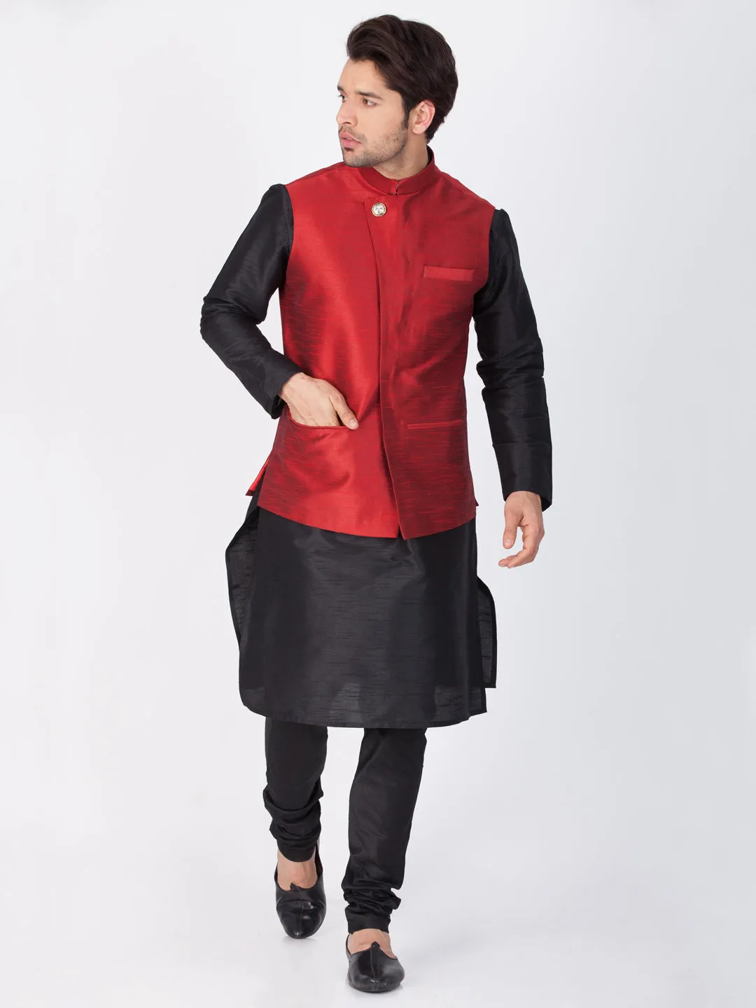 VASTRAMAY Men's Black Cotton Silk Blend Kurta, Ethnic Jacket and Pyjama Set