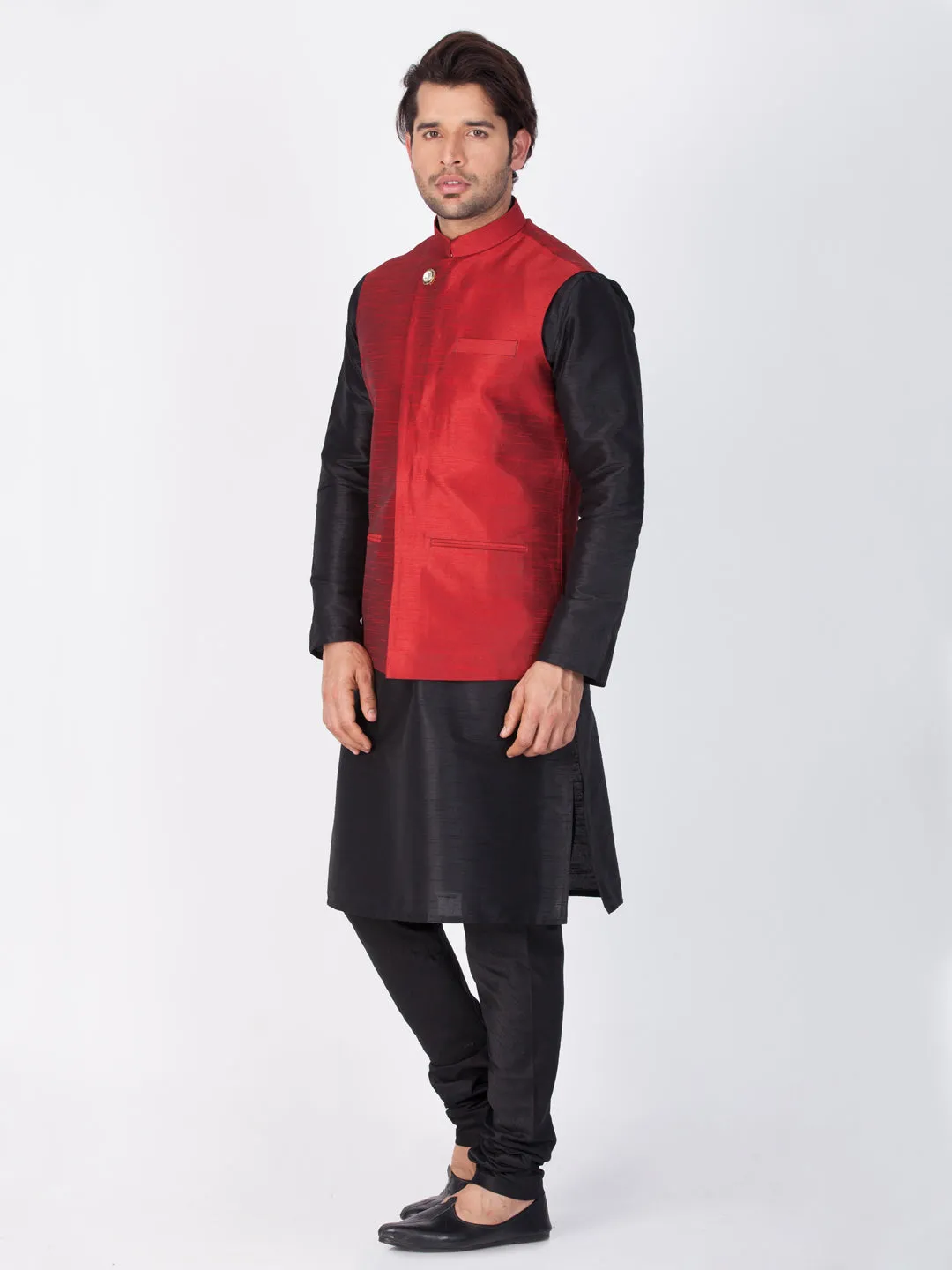 VASTRAMAY Men's Black Cotton Silk Blend Kurta, Ethnic Jacket and Pyjama Set