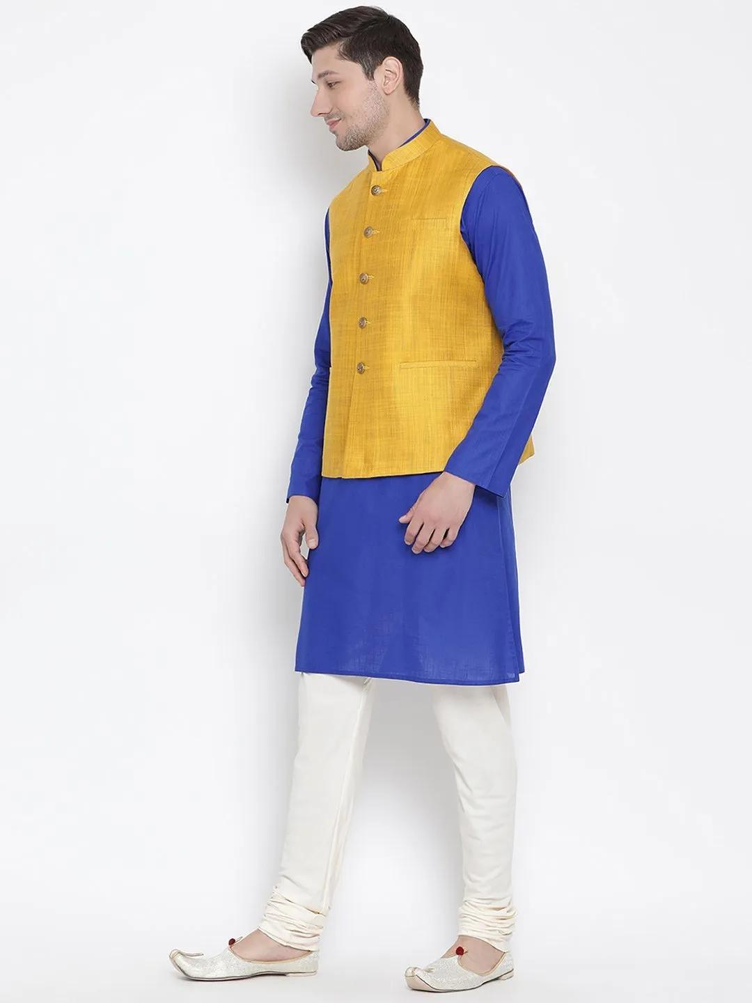 VASTRAMAY Men's Blue Cotton Blend Kurta, Ethnic Jacket and Pyjama Set