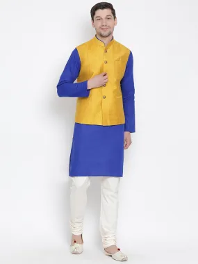 VASTRAMAY Men's Blue Cotton Blend Kurta, Ethnic Jacket and Pyjama Set