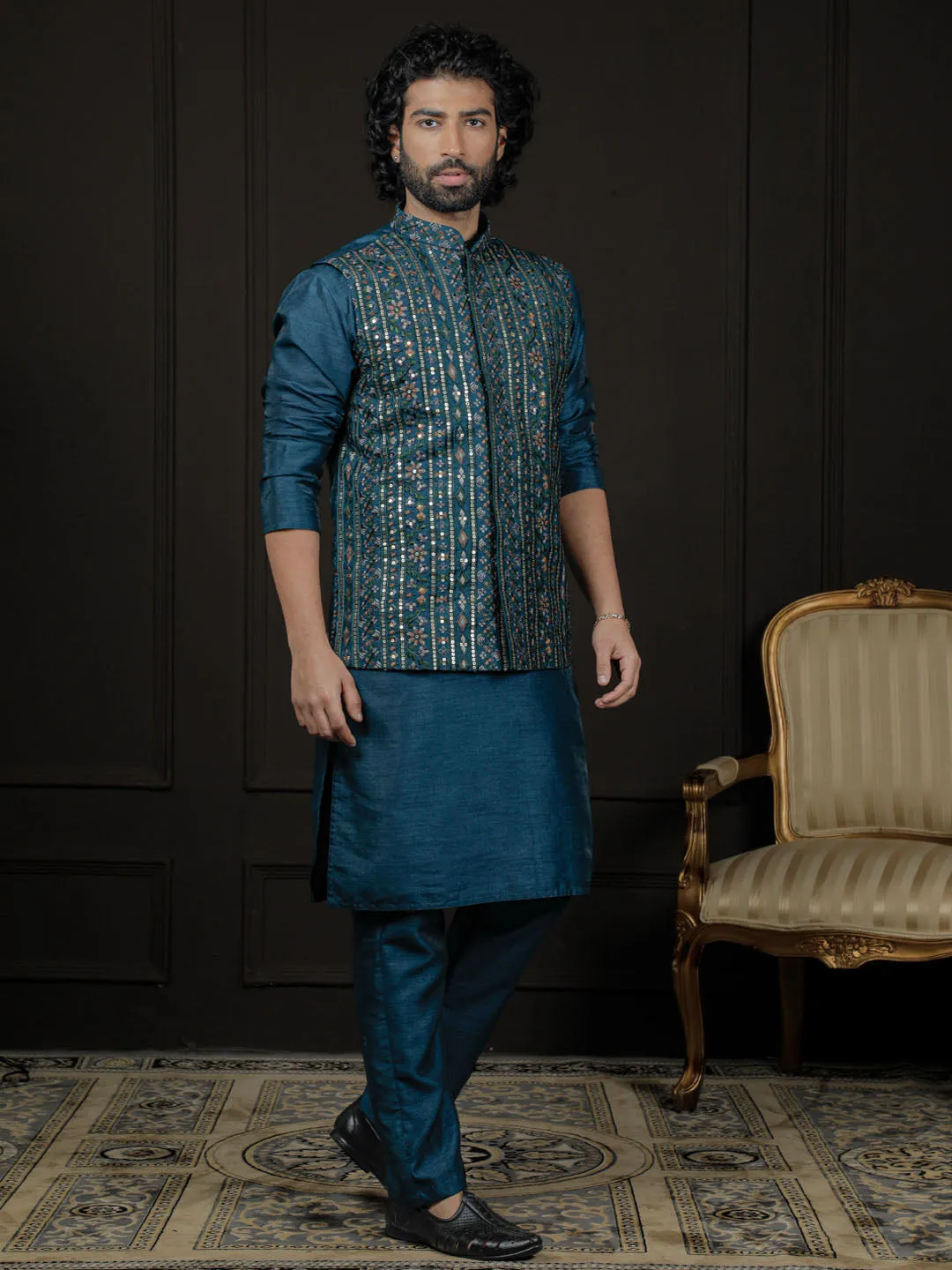 VASTRAMAY Men's Turquoise Dupion Silk Jacket, Kurta and Pyjama Set