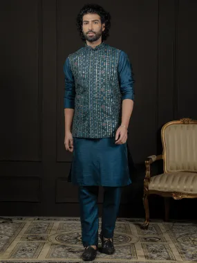 VASTRAMAY Men's Turquoise Dupion Silk Jacket, Kurta and Pyjama Set