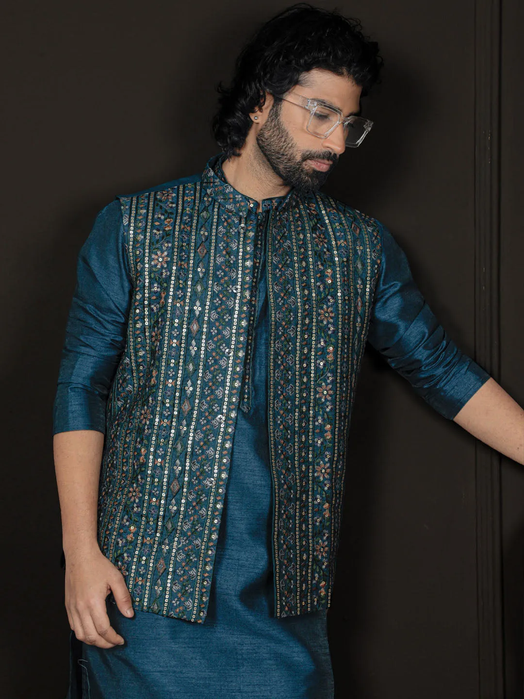 VASTRAMAY Men's Turquoise Dupion Silk Jacket, Kurta and Pyjama Set