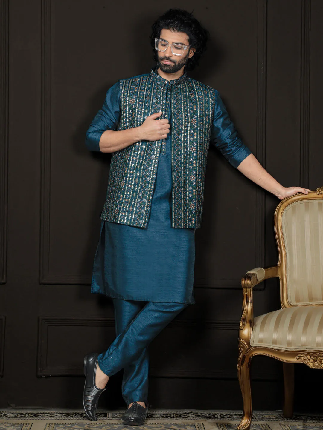 VASTRAMAY Men's Turquoise Dupion Silk Jacket, Kurta and Pyjama Set