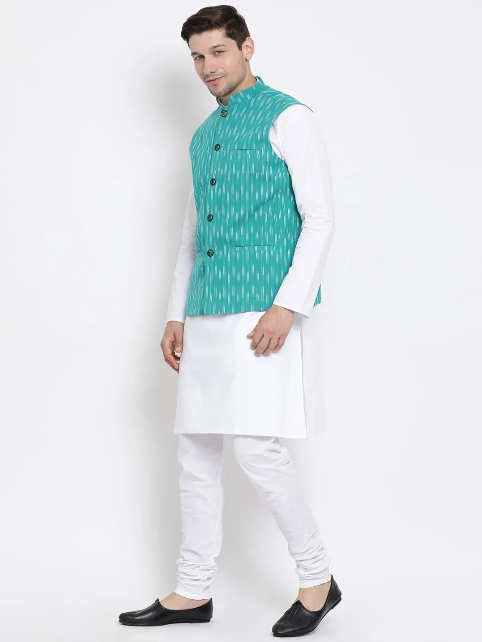 VASTRAMAY Men's White Cotton Kurta, Ethnic Jacket and Pyjama Set