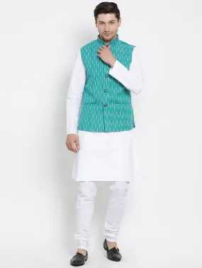 VASTRAMAY Men's White Cotton Kurta, Ethnic Jacket and Pyjama Set