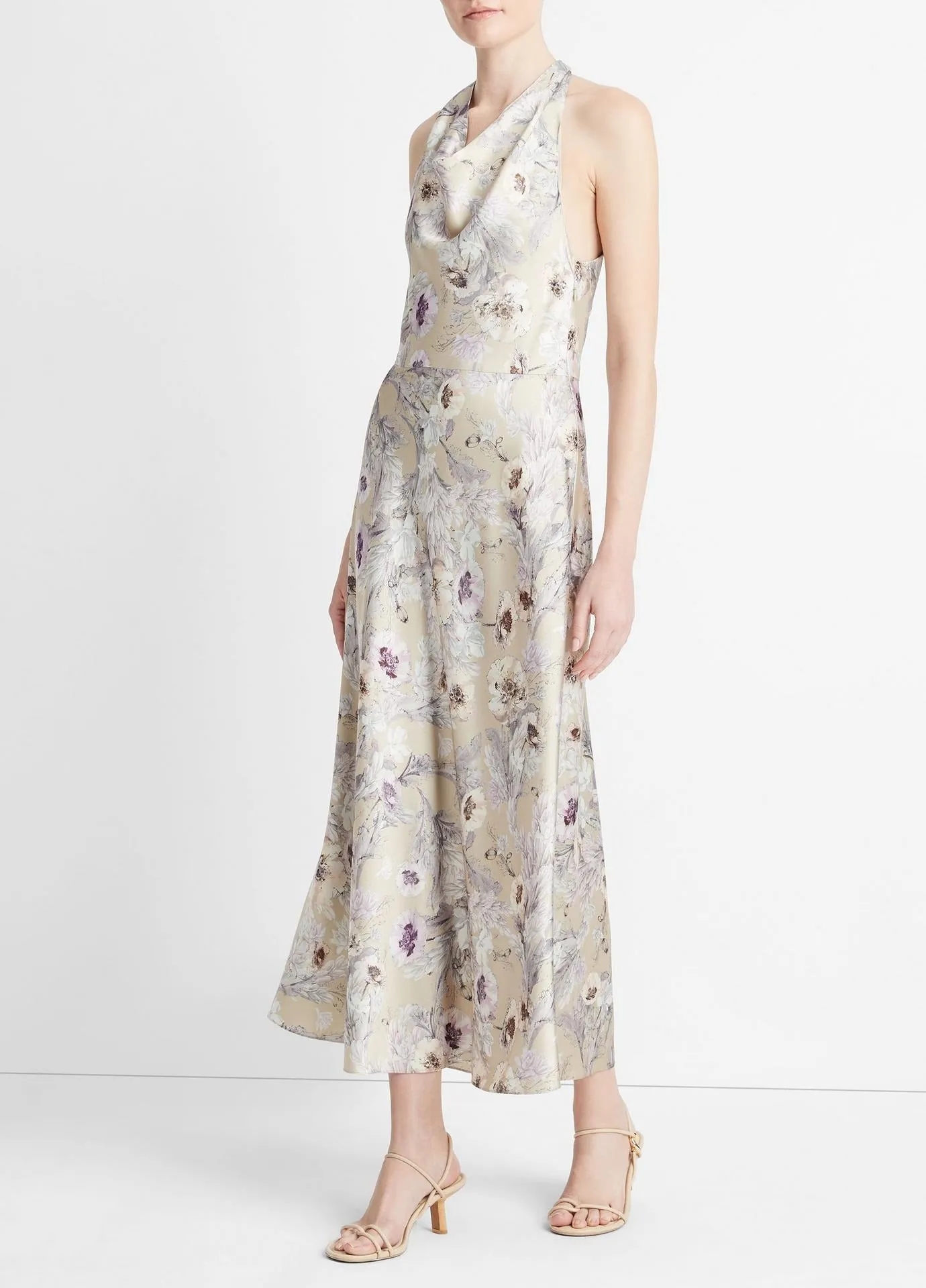 Vince Wild Flower Cowl Neck Halter Dress in Sand