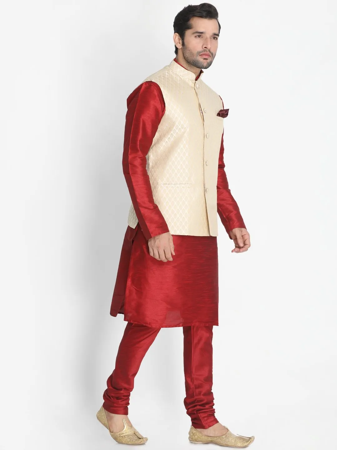 VM BY VASTRAMAY Men's Cream Silk Blend Jacket With Kurta Pyjama Set