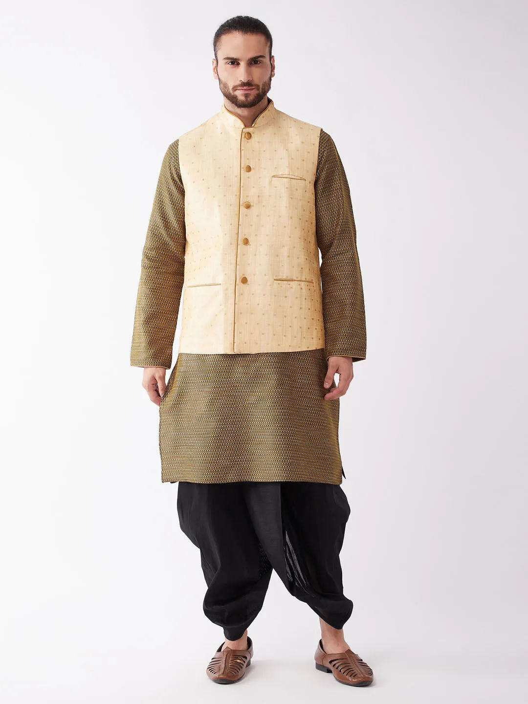 VM By VASTRAMAY Men's Gold Zari Weaved Jacket With Kurta Dhoti Set