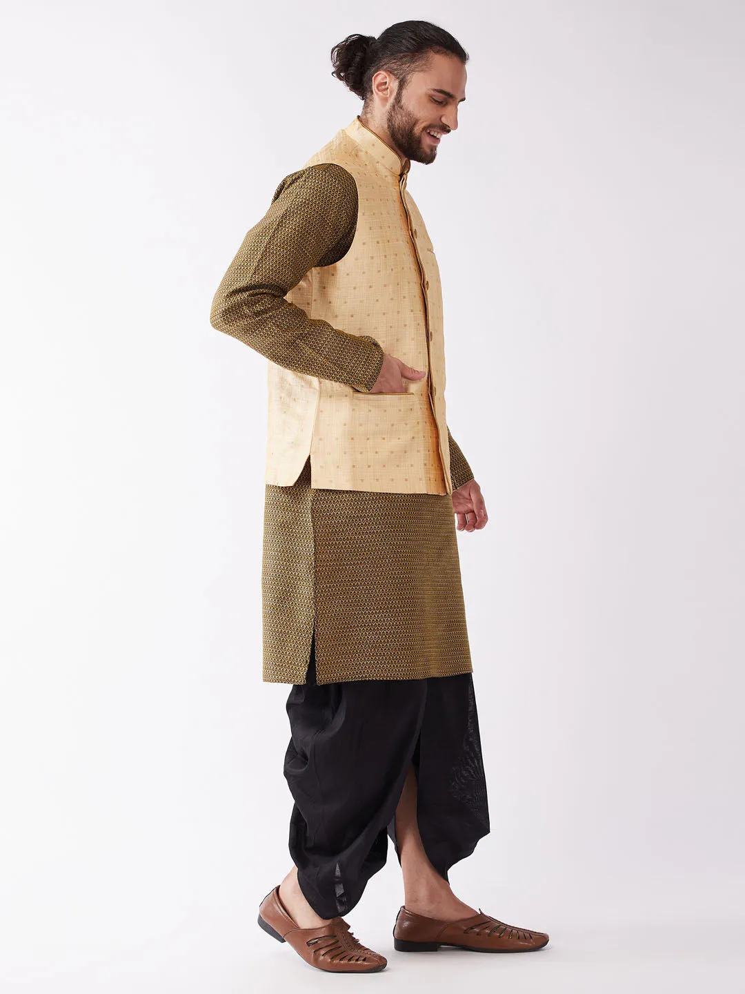 VM By VASTRAMAY Men's Gold Zari Weaved Jacket With Kurta Dhoti Set