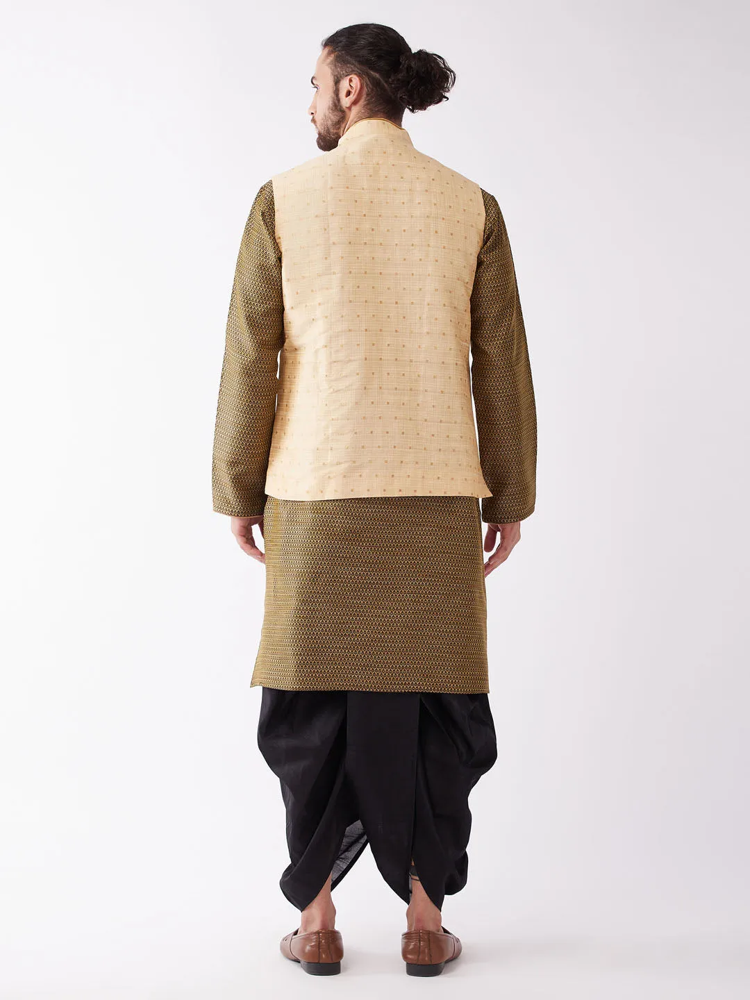 VM By VASTRAMAY Men's Gold Zari Weaved Jacket With Kurta Dhoti Set