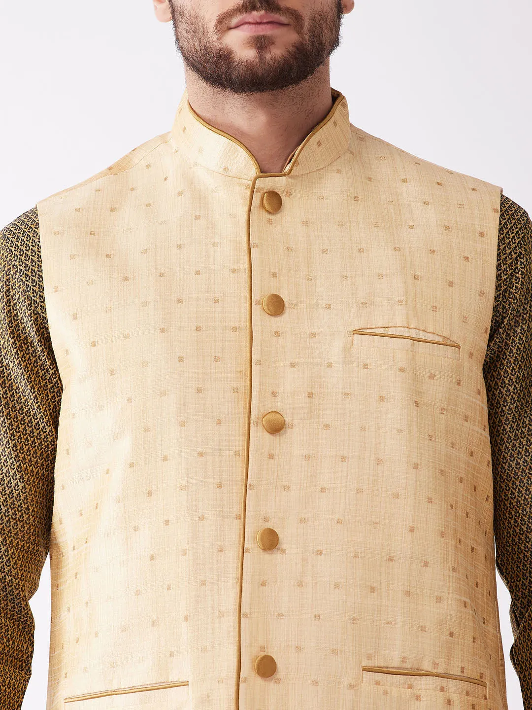 VM By VASTRAMAY Men's Gold Zari Weaved Jacket With Kurta Dhoti Set