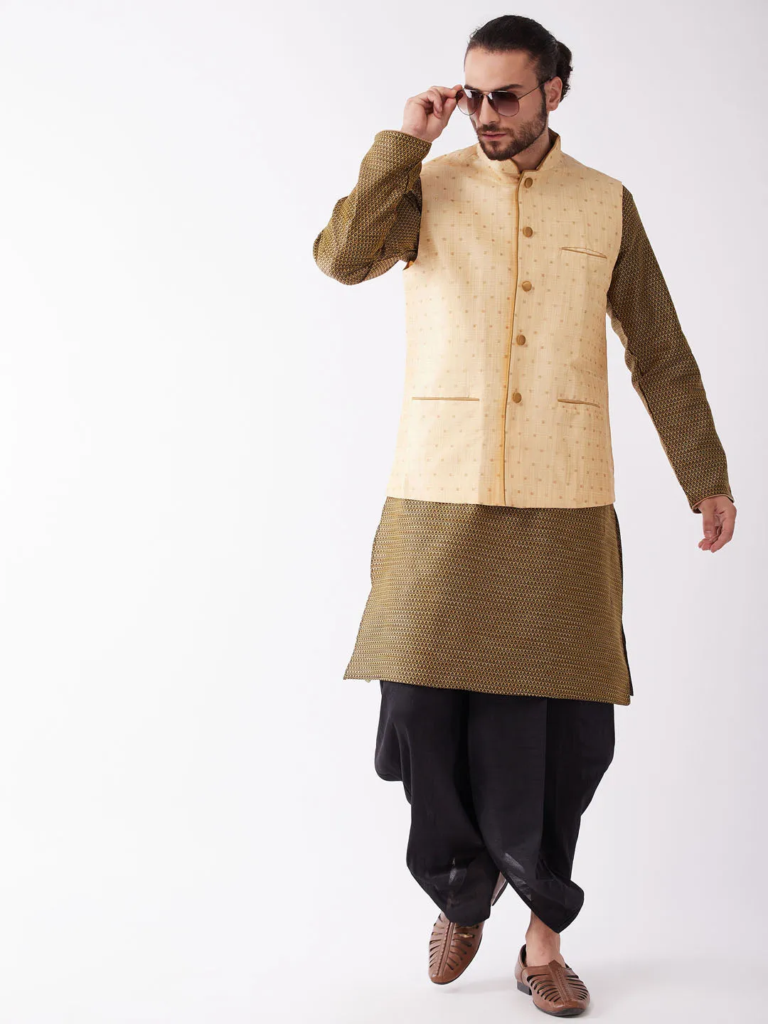 VM By VASTRAMAY Men's Gold Zari Weaved Jacket With Kurta Dhoti Set