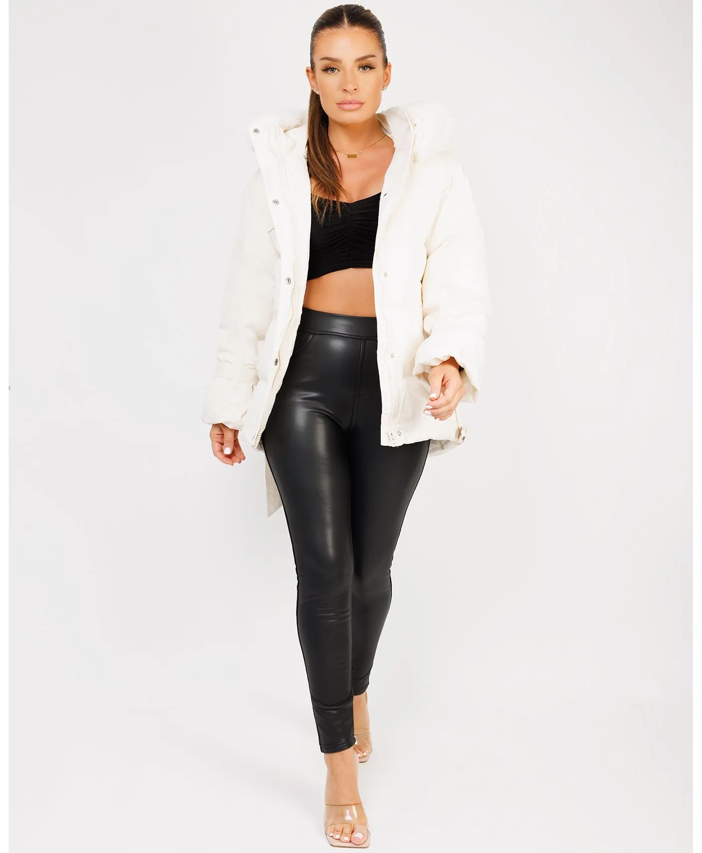 White Padded Faux Fur Hood Ivory Waist Belted Jacket