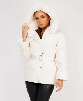 White Padded Faux Fur Hood Ivory Waist Belted Jacket