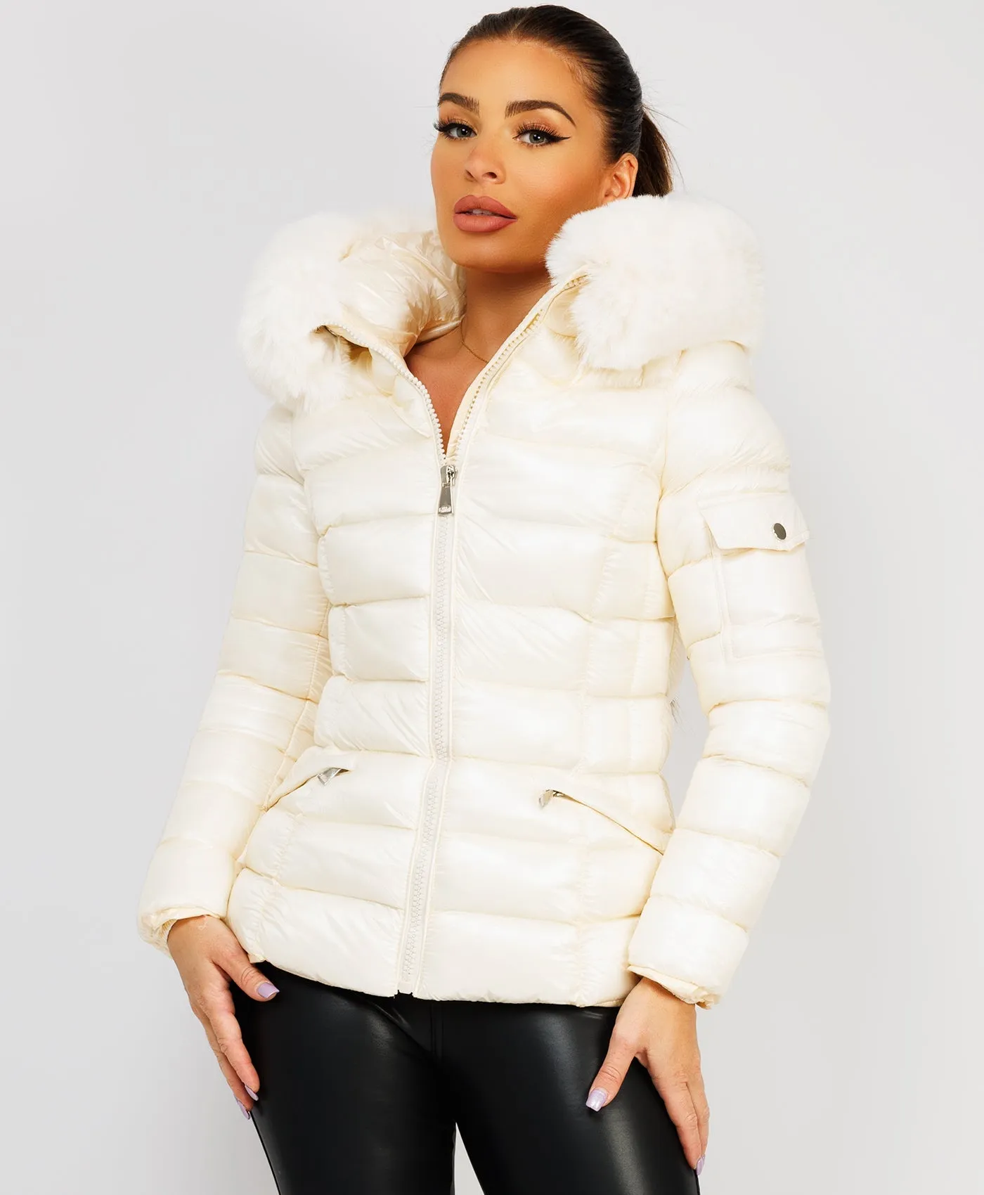 White Wet Look Shiny Puffer Jacket with Faux Fur Hood