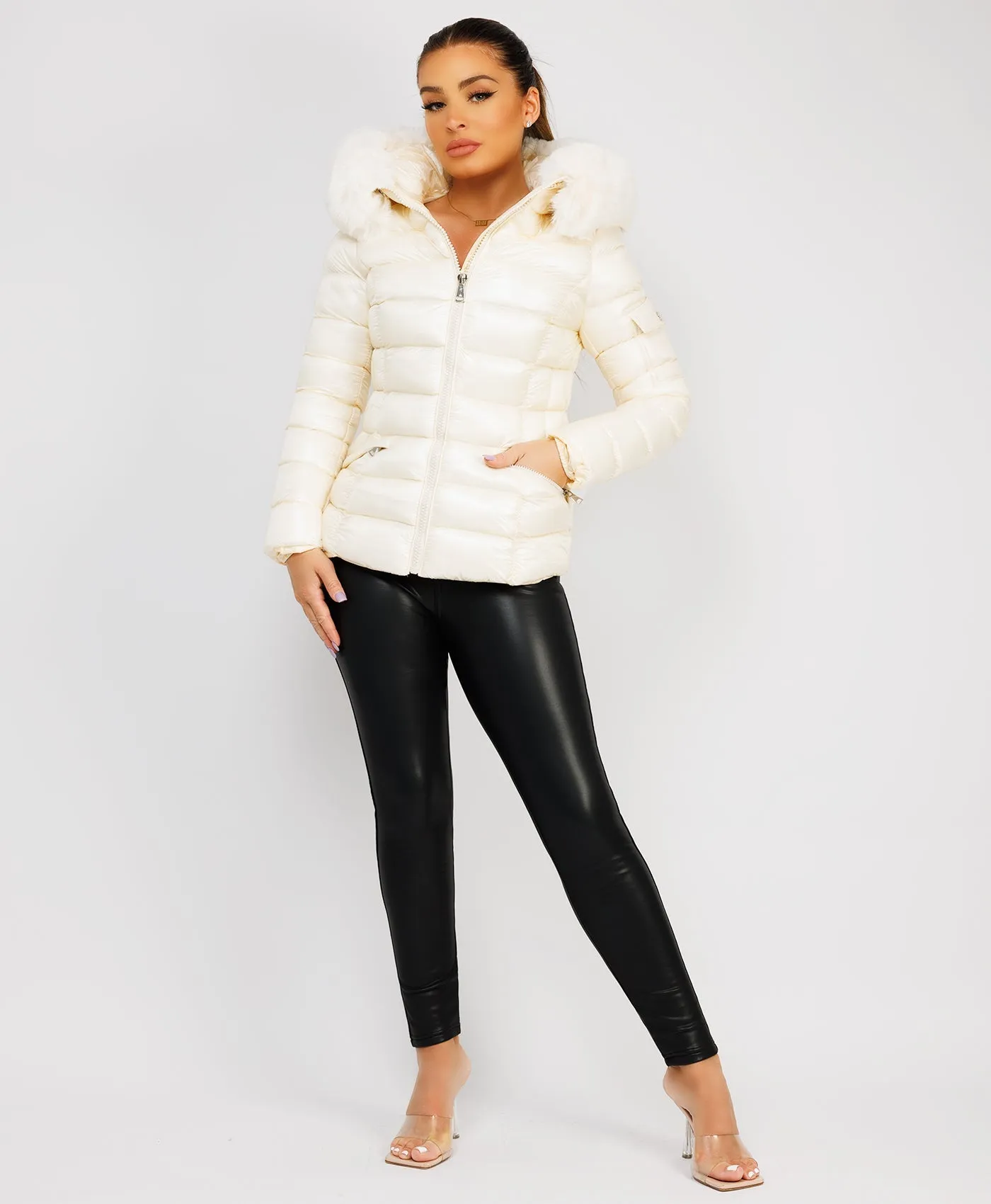 White Wet Look Shiny Puffer Jacket with Faux Fur Hood