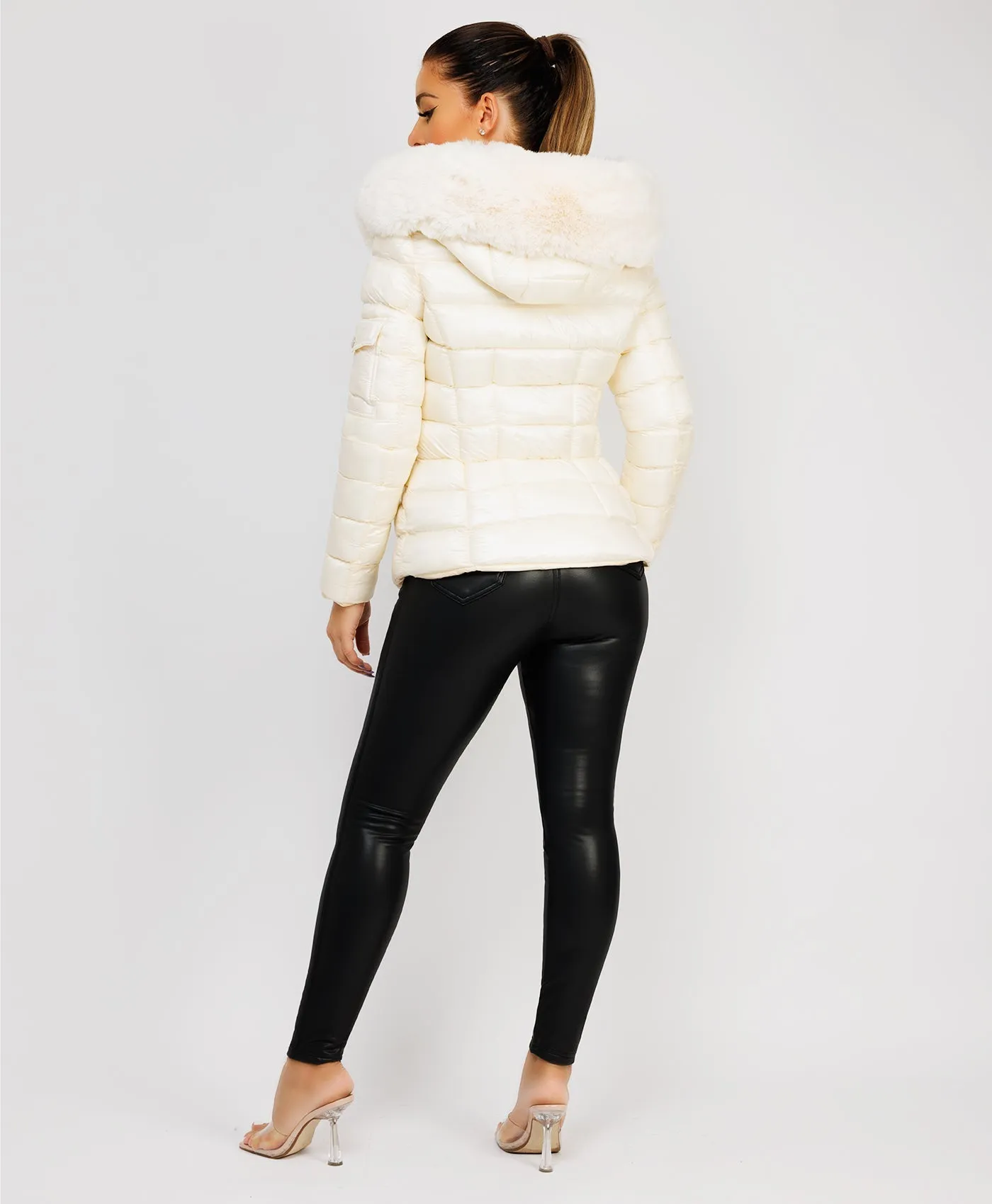 White Wet Look Shiny Puffer Jacket with Faux Fur Hood