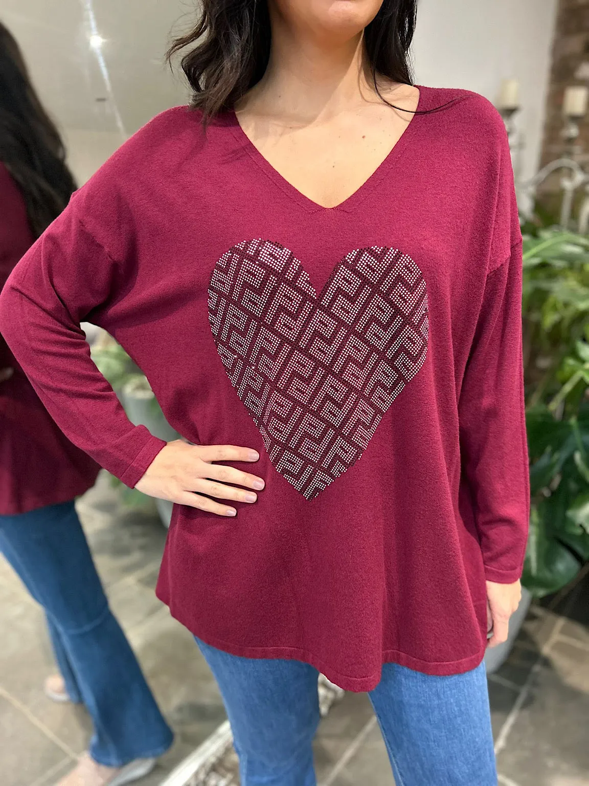 Wine Diamante Heart Knit Gail