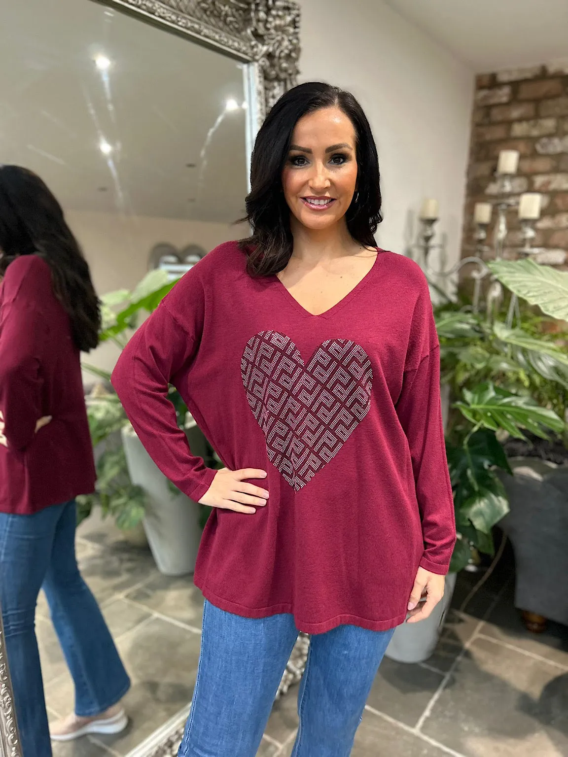 Wine Diamante Heart Knit Gail