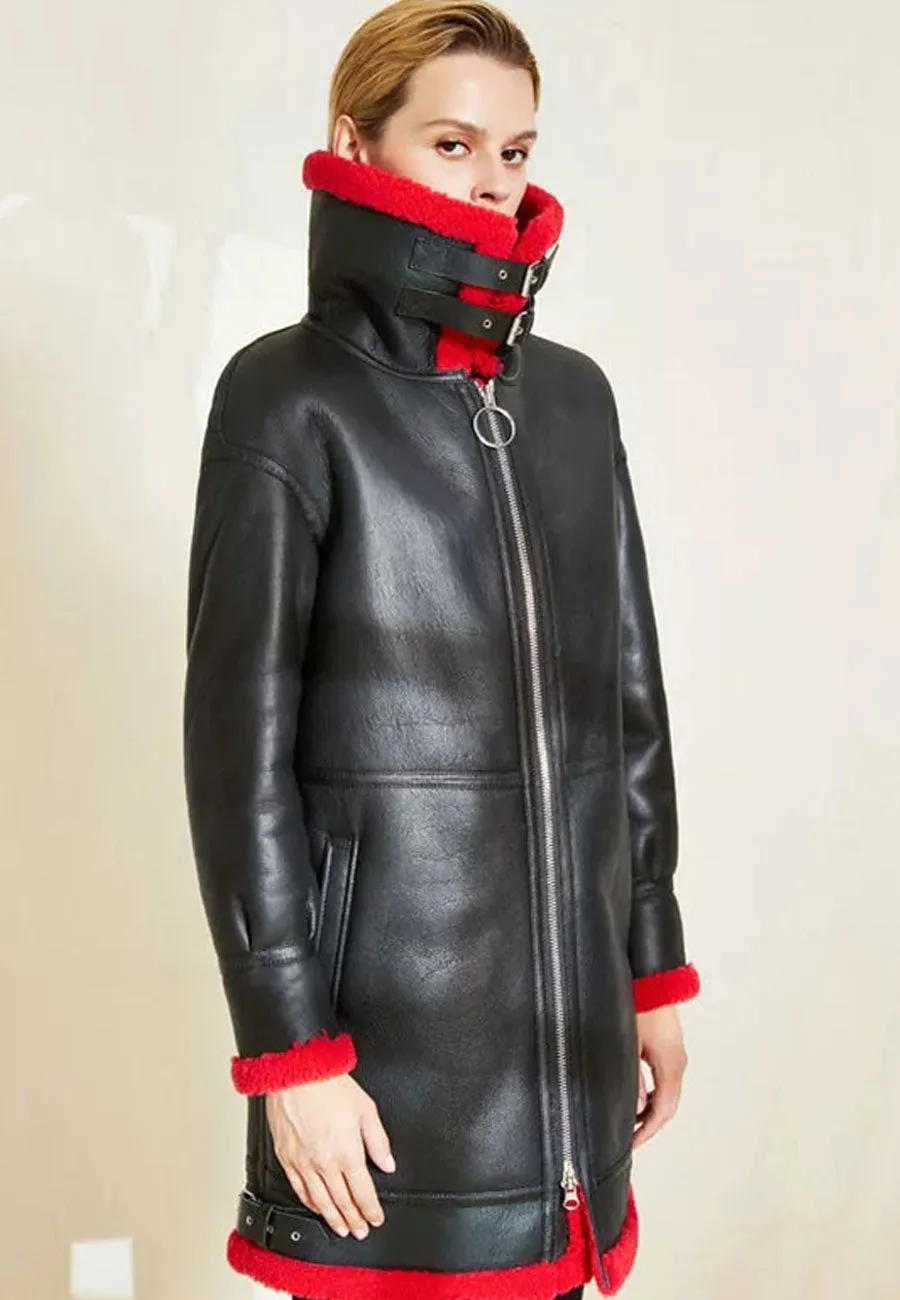 Women’s Black Leather Red Shearling Long Coat