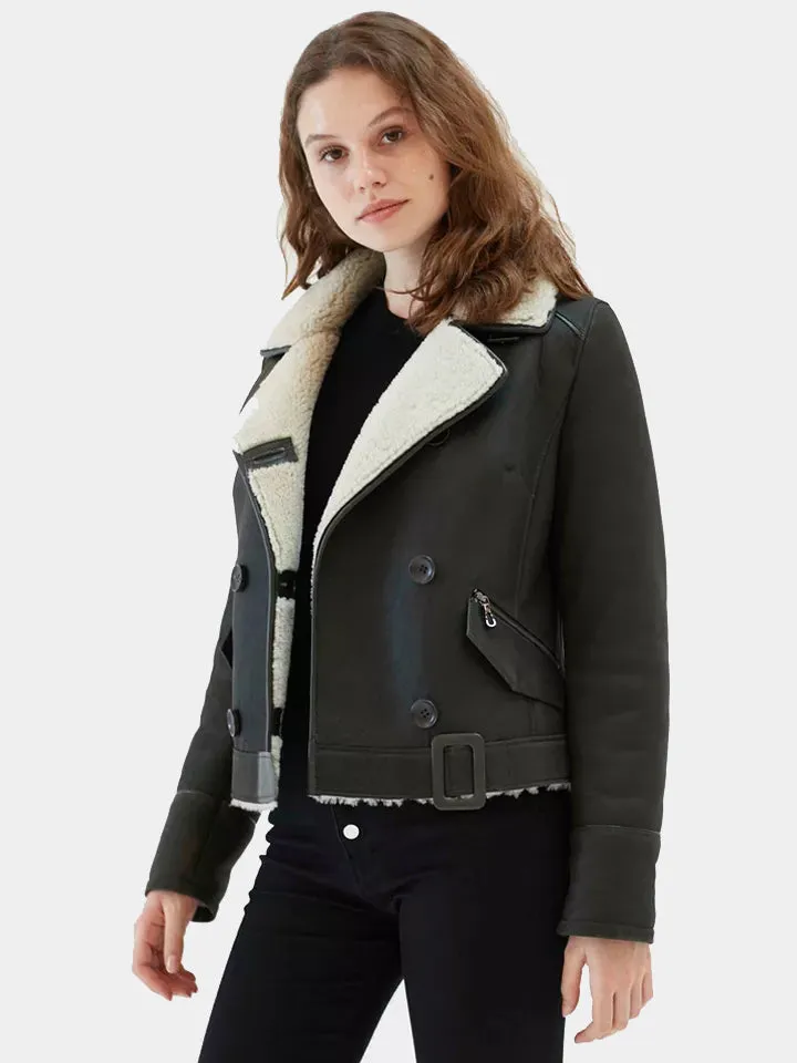 Women’s Matte Black Leather Shearling Coat Aviator Jacket