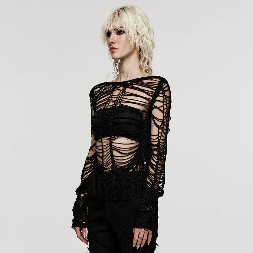 Women's Punk Ripped Sheer Knitted Sweater